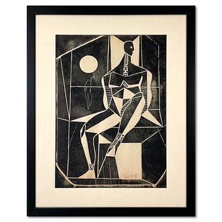 Neal Doty (1941-2016), "Solitary Man" Framed One-of-a-Kind Linocut, Hand Signed with Letter of Authenticity.