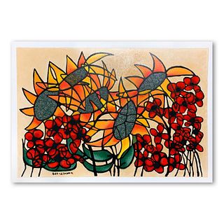 Ben Simhon, "Sunflowers" Hand Signed Limited Edition Serigraph on Paper with Letter of Authenticity.