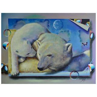 Ferjo, "Polar Bear Love" Original Painting on Canvas, Hand Signed with Letter of Authenticity.