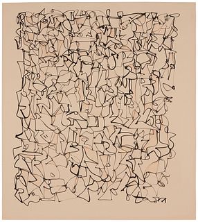 Ernest Trova (1927-2009), "Script Picture Number 34," Ink on the verso of a cream-colored lithographic exhibition poster on paper, Image: 24.25" H x 1