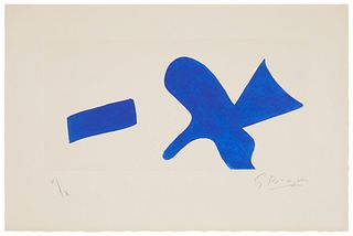 Georges Braque (1882-1963), "L'Oiseau bleu," (Invitation exposition Louis Broder pour le livre de Braque), circa 1960, Etching and aquatint in blue on