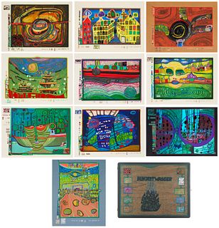 Friedenreich Hundertwasser (1928-2000), "Look at it on a Rainy Day (Regentag Portfolio)," 1970-72, 10 Screenprints in colors with metallic embossing o