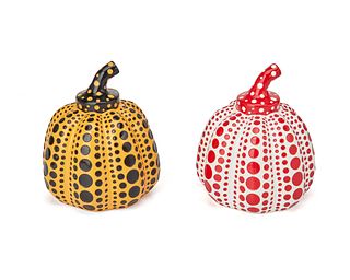 Yayoi Kusama (b. 1929), "Pumpkin" (yellow); and "Pumpkin" (red), 2016, Each painted lacquer resin, Each: 4" H x 3.25" Dia.