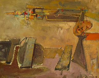 Hans Burkhardt, (1904-1994), "Journey to the Unknown," 1969, Oil on canvas, 16" H x 20" W