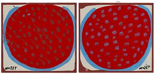 Mose Tolliver (1925-2006), A pair of abstract blue and red watermelons. Each: Acrylic on artist board, Each: 16" H x 17" W