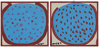 Mose Tolliver (1925-2006), A pair of abstract blue and purple watermelons, Each: Acrylic on artist board, Each: 16" H x 17" W