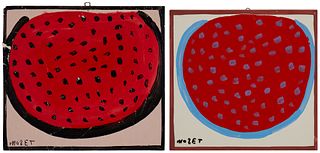 Mose Tolliver (1925-2006), A pair of abstract watermelons, Acrylic on artist board, Smallest: 15" H x 16.75" W; Largest: 16" H x 17" W
