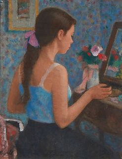 Francois Gall (1912-1987), Woman at her bureau, Oil on canvas, 14" H x 10.5" W
