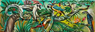 Leon D'Usseau Jr. (1918-1991), Jungle scenes with animals, Oil on artist board, 23" H x 71" W
