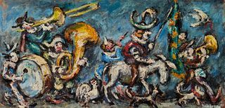 Dan Lutz (1906-1978), "Minstrel Band", Oil on canvas, 17.75" H x 36" W