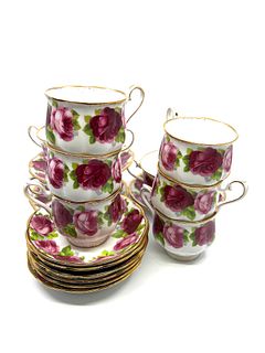 Set of six Royal Albert Old English Rose Cups and saucers