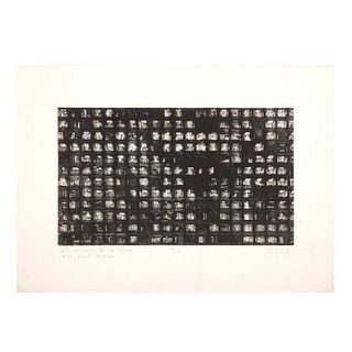 OFILL ECHEVARRIA, El mundo de los vivos, Firmado y fechado 2002,Grabado al azúcar P / T, 26 x 44 cm medidas totales