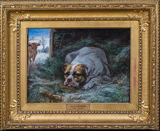 BULLDOG IN A MANAGER DOG PORTRAIT OIL PAINTING