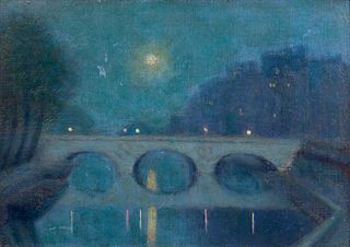 VIEW OF PONT ST MICHEL, PARIS AT NIGHT OIL PAINTING