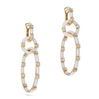 A PAIR OF DIAMOND AND WHITE AGATE HOOP EARRINGS in 18ct yellow gold, each comprising three interl...