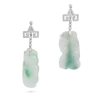 A PAIR OF JADEITE JADE AND DIAMOND DROP EARRINGS in 18ct white gold, each earring designed as a g...