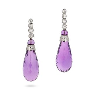 A FINE PAIR OF AMETHYST AND DIAMOND DROP EARRINGS in 18ct white gold, each set with a row of old ...