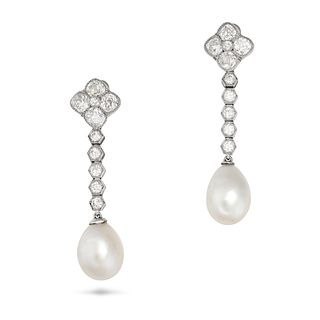 A PAIR OF NATURAL SALTWATER PEARL AND DIAMOND DROP EARRINGS in platinum and white gold, each set ...