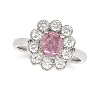 A FANCY INTENSE PURPLISH-PINK AND WHITE DIAMOND CLUSTER RING in platinum, set with a cushion cut ...