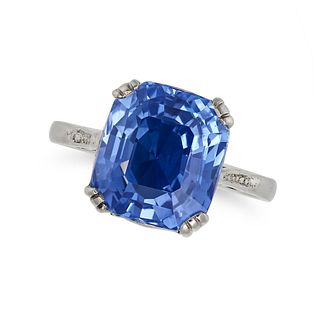 A CEYLON NO HEAT SAPPHIRE RING in white gold, set with an octagonal step cut sapphire of approxim...