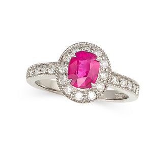A BURMA NO HEAT RUBY AND DIAMOND RING in 18ct white gold, set with a cushion cut ruby of 1.08 car...