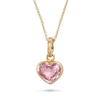 AN UNHEATED PINK SAPPHIRE PENDANT NECKLACE in yellow gold, the pendant set with a heart shaped pi...