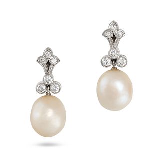 A PAIR OF NATURAL PEARL AND DIAMOND DROP EARRINGS, EARLY 20TH CENTURY in 14ct white gold, set wit...