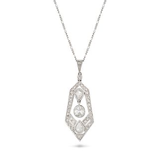 A FRENCH DIAMOND PENDANT NECKLACE in platinum, the openwork pendant set with two pear shaped rose...