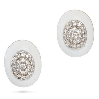 A PAIR OF DIAMOND AND ENAMEL EARRINGS in 18ct yellow and white gold, each domed face set with a c...