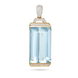 AN AQUAMARINE AND DIAMOND PENDANT in 18ct yellow gold, set with a step cut aquamarine of approxim...