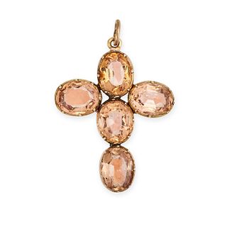 AN ANTIQUE IMPERIAL TOPAZ CROSS PENDANT in 14ct yellow gold, designed as a cross set with oval cu...