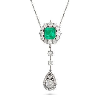 AN EMERALD AND DIAMOND PENDANT NECKLACE the pendant set with an octagonal step cut emerald of app...