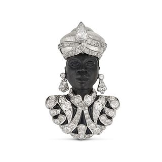 A VINTAGE EBONY, DIAMOND AND ONYX BLACKAMOOR BROOCH in 18ct yellow and white gold and platinum, c...
