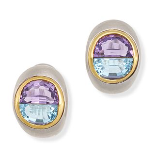 A PAIR OF AMETHYST AND BLUE TOPAZ CLIP EARRINGS in 18ct white and yellow gold, each set with a ha...