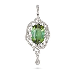 A GREEN TOURMALINE AND DIAMOND PENDANT in 18ct white gold, set with an oval cut green tourmaline ...