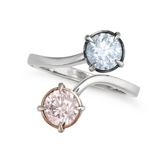 A BLUE AND PINK DIAMOND TOI ET MOI RING in platinum, set with a round brilliant cut pink diamond ...