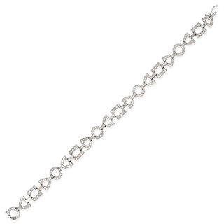 A DIAMOND BRACELET in 14ct white gold, comprising a row of geometric links set with round brillia...