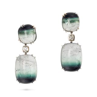 A PAIR OF BICOLOUR TOURMALINE AND DIAMOND DROP EARRINGS in 14ct white gold, each set with a caboc...