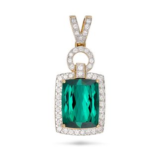 A CHROME TOURMALINE AND DIAMOND PENDANT in 18ct yellow gold, set with a chrome tourmaline of 12.5...