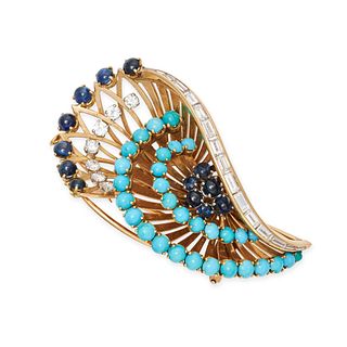 A VINTAGE TURQUOISE, SAPPHIRE AND DIAMOND BROOCH in 18ct yellow gold, the stylised openwork body ...