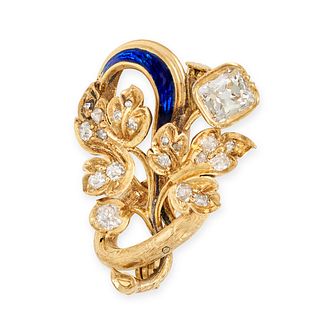 AN ANTIQUE DIAMOND AND ENAMEL BROOCH in 18ct yellow gold, designed as a spray of foliage set with...