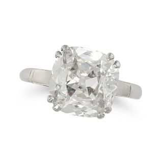 A 4.35 CARAT DIAMOND SOLITAIRE RING in platinum, set with an old cushion cut diamond of 4.35 cara...