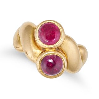 RENE BOIVIN, A RUBY RING in 18ct yellow gold, set with two round cabochon rubies on a twisted gol...
