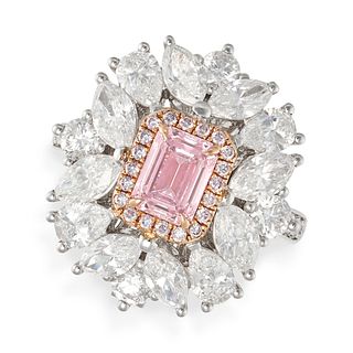A PINK DIAMOND AND DIAMOND RING / PENDANT in 18ct white gold, set with an emerald cut pink diamon...