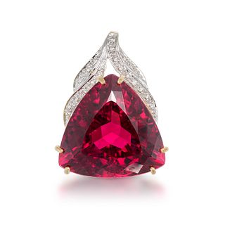 A RUBELLITE TOURMALINE AND DIAMOND PENDANT in 18ct yellow gold, set with an trilliant cut rubelli...