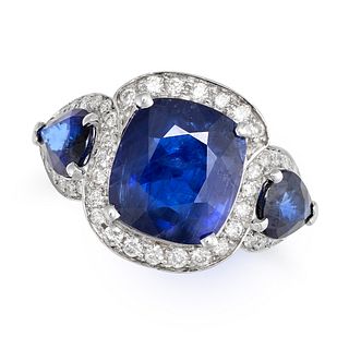 A BURMA NO HEAT SAPPHIRE AND DIAMOND RING in 18ct white gold, set with a cushion cut sapphire of ...
