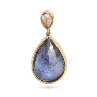 A SAPPHIRE AND DIAMOND PENDANT in 18ct yellow gold, set with a pear shaped diamond suspending a p...