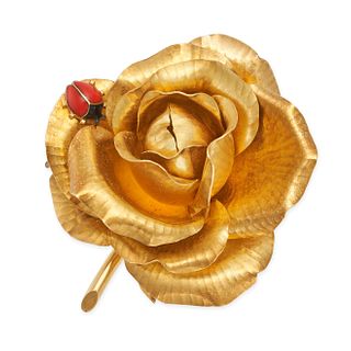 CARTIER, A VINTAGE ROSE AND LADYBIRD BROOCH in 18ct yellow gold and enamel, designed as a floweri...