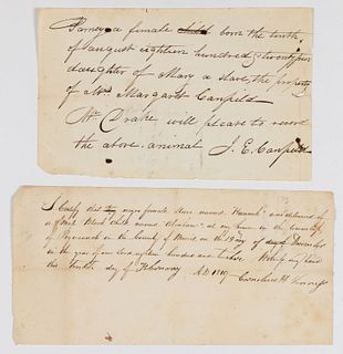 AMERICAN SLAVE BIRTH OF CHILDREN MANUSCRIPT DOCUMENTS, LOT OF TWO