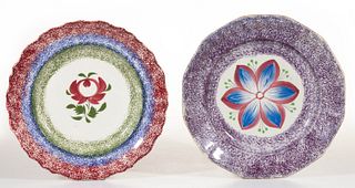ENGLISH SPATTERWARE FLORAL MOTIF PLATES, LOT OF TWO